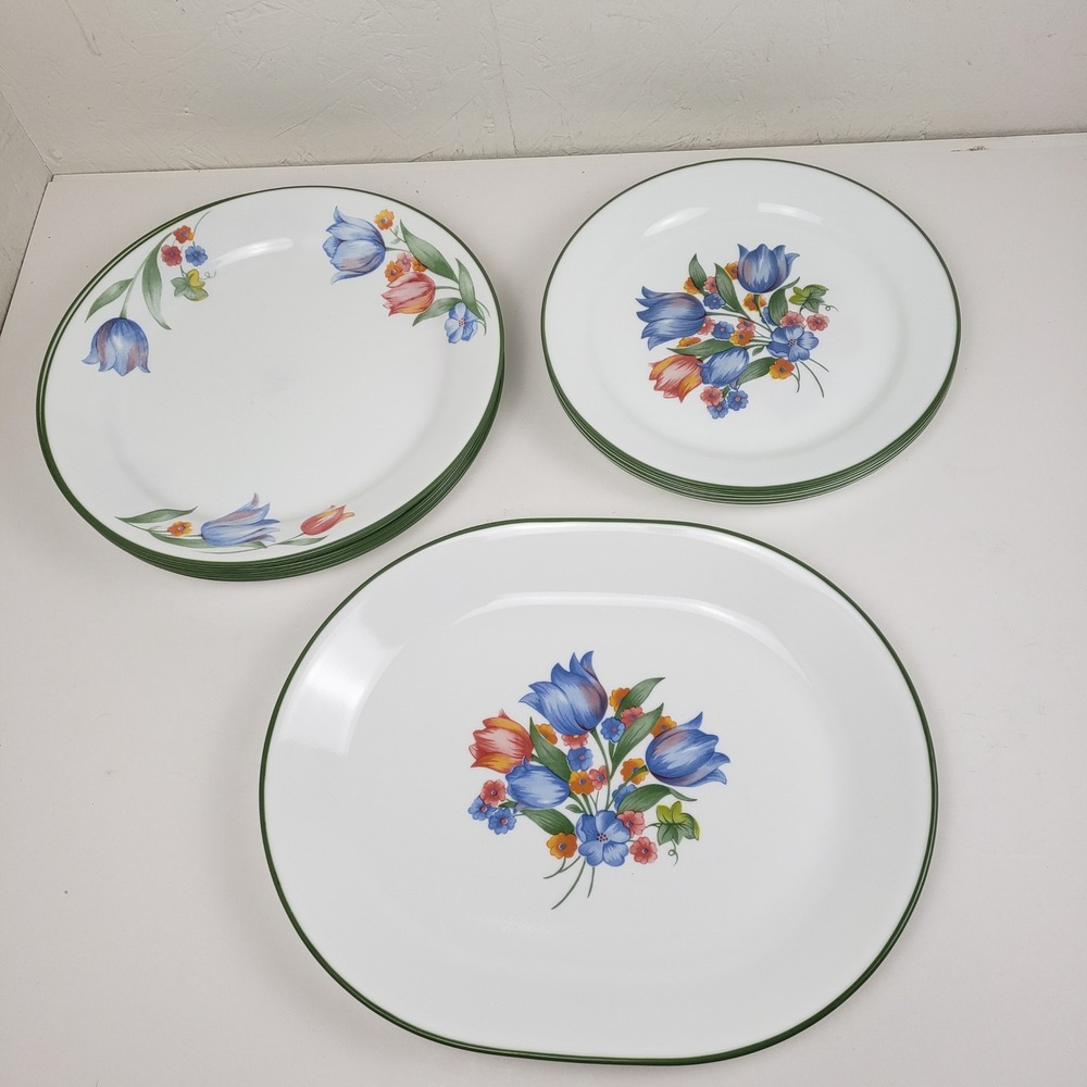 Vintage Corelle Fresh Cut Tulips 12 Piece Set 5 Dinner 6 Salad + Serving Platter